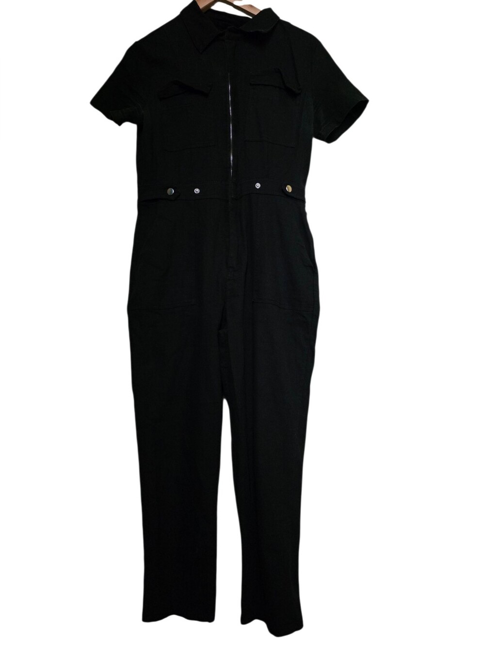 Undbranded Black Cotton-Poly Blend Zip Front Shortsleeve Utility Jumpsuit Sz L